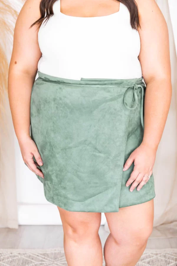 Other Half Of Me Olive Tie Waist Suede Skirt - Image 15