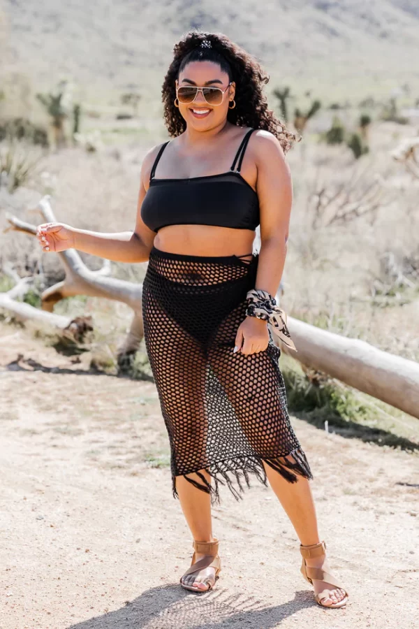 Young Wild And Free Black Crochet Midi Skirt With Fringe Hem - Image 8