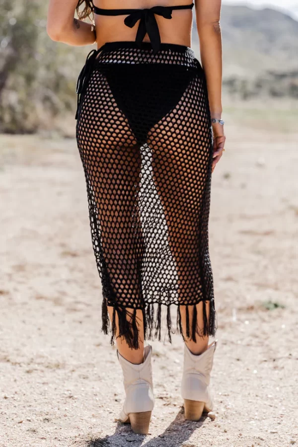 Young Wild And Free Black Crochet Midi Skirt With Fringe Hem - Image 6