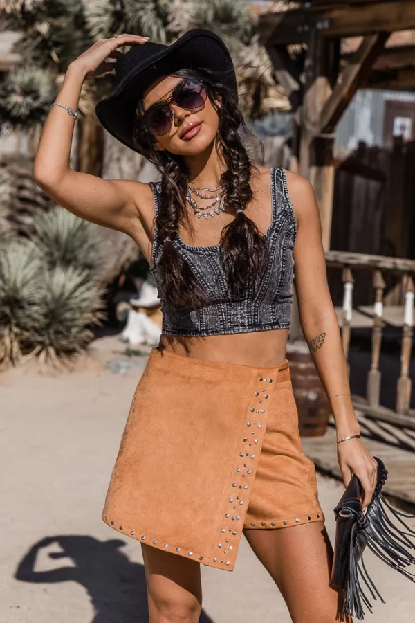 Kick The Dust Up Brown Suede Studded Skort - Image 2
