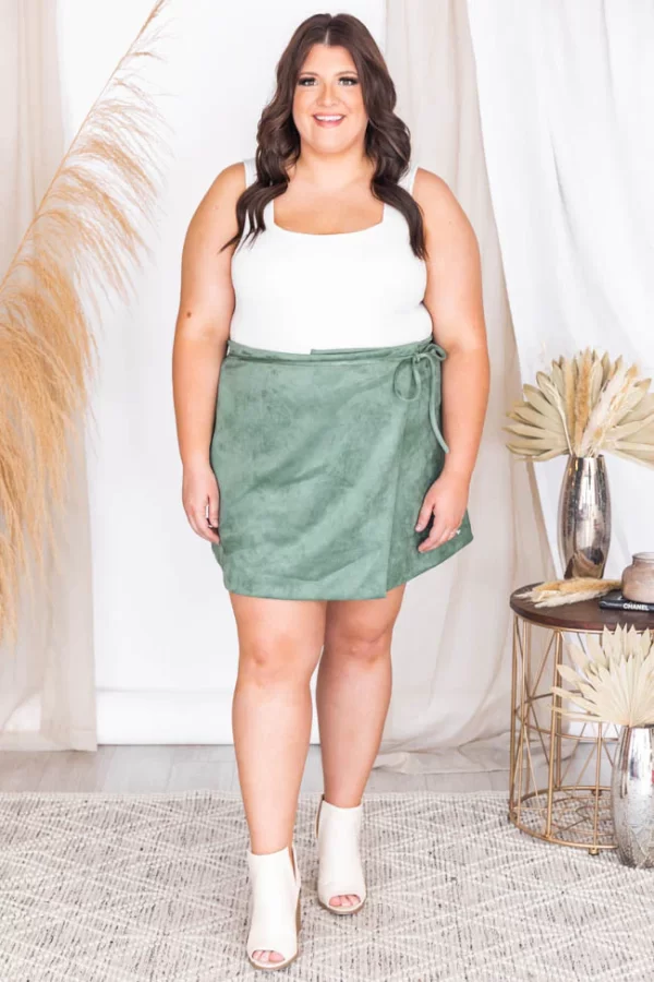 Other Half Of Me Olive Tie Waist Suede Skirt - Image 14