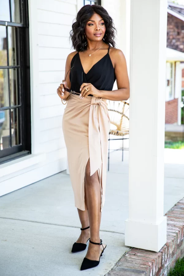 Let's Stay Forever Taupe Satin Knot Detail Midi Skirt - Image 4
