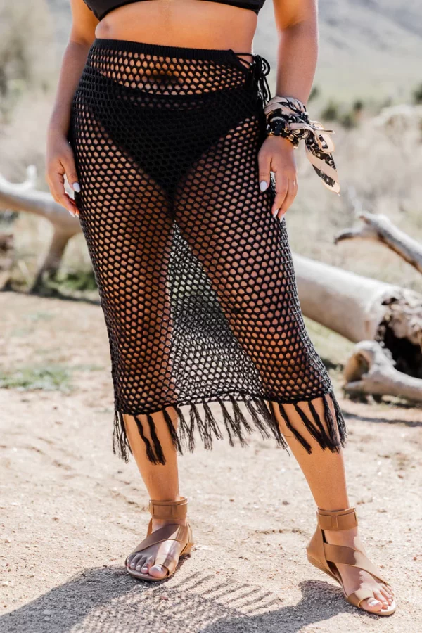 Young Wild And Free Black Crochet Midi Skirt With Fringe Hem - Image 9