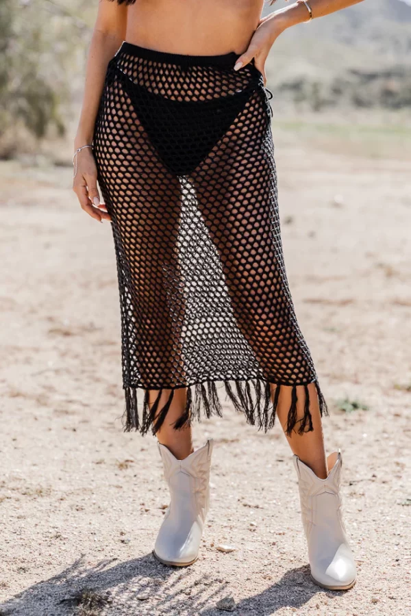 Young Wild And Free Black Crochet Midi Skirt With Fringe Hem - Image 4