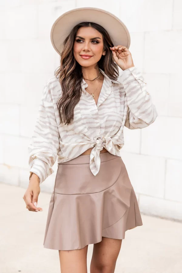 One More Last Chance Brown Ruffle Detail Faux Leather Skirt - Image 2