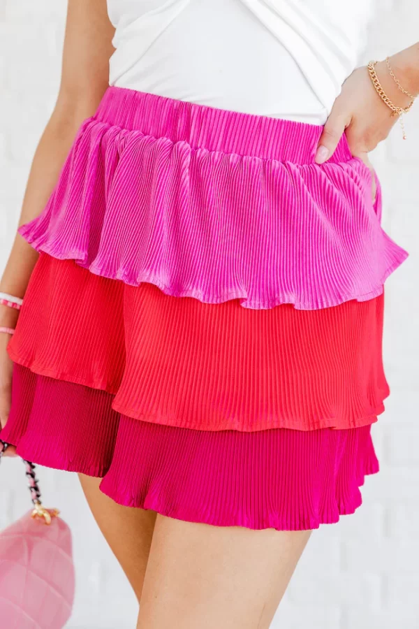 See You At Sunset Pink Colorblock Plisse Tiered Skirt - Image 2