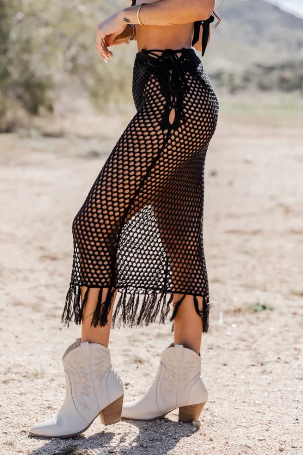 Young Wild And Free Black Crochet Midi Skirt With Fringe Hem - Image 5