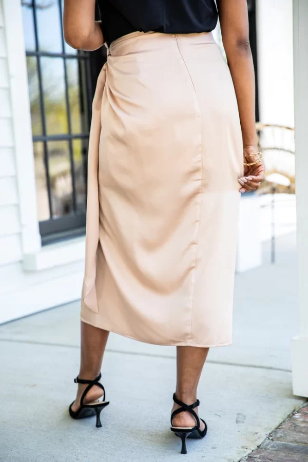 Let's Stay Forever Taupe Satin Knot Detail Midi Skirt - Image 3