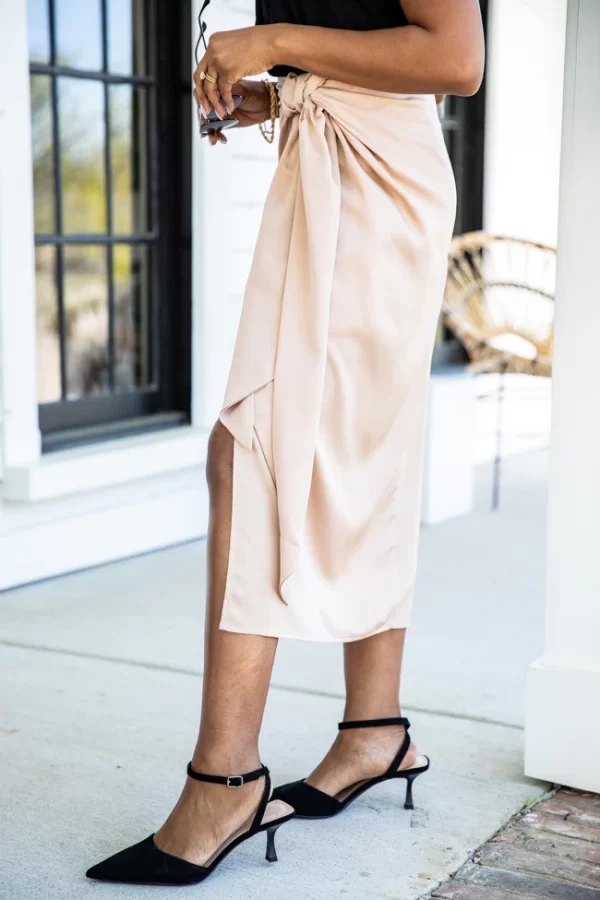 Let's Stay Forever Taupe Satin Knot Detail Midi Skirt - Image 2
