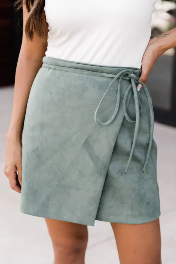 Other Half Of Me Olive Tie Waist Suede Skirt - Image 2